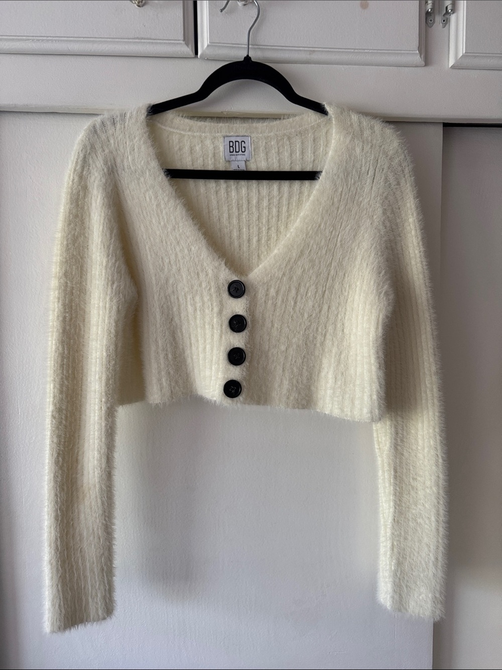 BDG Cream Fuzzy V-Neck Crop Cardigan with Black Buttons
